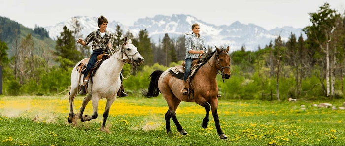 Confident plus-size woman riding Torry a horse through a field with a smile on her face.